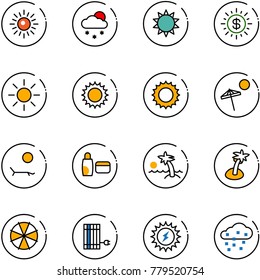 line vector icon set - sun vector, snowfall, dollar, beach, lounger, uv cream, palm, parasol, panel, power, snow