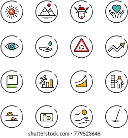 line vector icon set - sun vector, mountains, christmas deer hat, heart care, eye, drop hand, round motion road sign, growth arrow, book, career, rise, opportunity, flip flops, photo, waves, rake