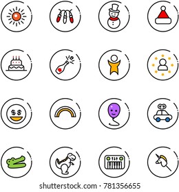 line vector icon set - sun vector, garland, snowman, christmas hat, cake, champagne, success, star man, money smile, rainbow, balloon, car toy, crocodile, dinosaur, piano, unicorn stick