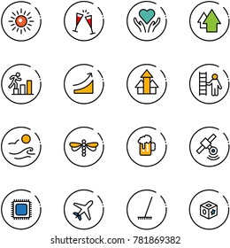 line vector icon set - sun vector, wine glasses, heart care, arrow up, career, rise, arrows, opportunity, waves, dragonfly, beer, satellite, cpu, plane, rake, cube toy