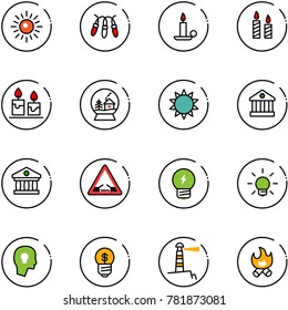 line vector icon set - sun vector, garland, candle, snowball house, bank, drawbridge road sign, idea, bulb, head, business, lighthouse, fire