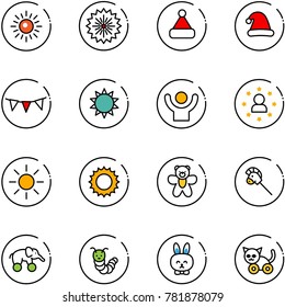 line vector icon set - sun vector, firework, christmas hat, flag garland, success, star man, bear toy, horse stick, elephant wheel, caterpillar, rabbit, cat