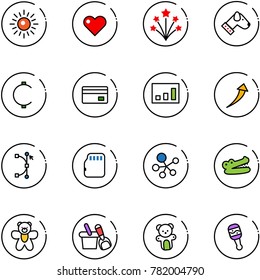 line vector icon set - sun vector, heart, firework, dog, cent, credit card, statistics, growth, bezier, micro flash, molecule, crocodile, bear toy, shovel bucket, beanbag
