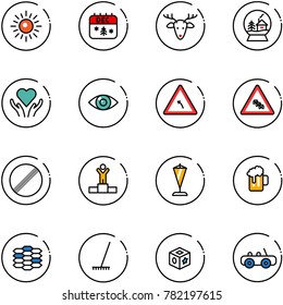 line vector icon set - sun vector, christmas calendar, deer, snowball house, heart care, eye, turn left road sign, multi lane traffic, no limit, winner, pennant, beer, carbon, rake, cube toy, car