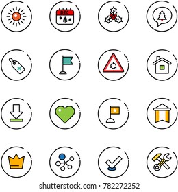 line vector icon set - sun vector, christmas calendar, holly, merry message, medical label, flag, round motion road sign, home, download, heart, pennant, crown, molecule, check, wrench hammer