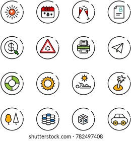 line vector icon set - sun vector, christmas calendar, wine glasses, patient card, money click, round motion road sign, printer, paper fly, circle chart, reading, palm, forest, carbon, cube toy, car