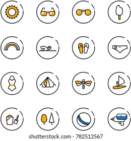 line vector icon set - sun vector, sunglasses, ice cream, rainbow, swimming, flip flops, swimsuit, tent, dragonfly, windsurfing, bucket scoop, forest, ball, water gun