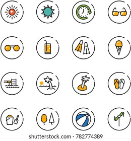 line vector icon set - sun vector, clock around, sunglasses, drink, flippers, ice cream, pool, palm, flip flops, bucket scoop, forest, beach ball, toy windmill
