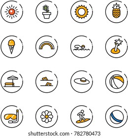 line vector icon set - sun vector, flower pot, pineapple, ice cream, rainbow, swimming, palm, inflatable pool, flip flops, woman hat, ball, diving, surfing