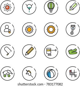 line vector icon set - sun vector, bladder, air balloon, highlight marker, winner, piston, fretsaw, pencil, laser lever, crocodile, elephant wheel, toy unicorn stick, basketball, Tic tac toe