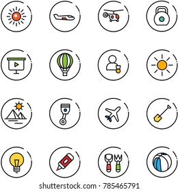 line vector icon set - sun vector, small plane, helicopter, weight, presentation board, air balloon, winner, pyramid, piston, shovel, bulb, marker, fork toy, basketball