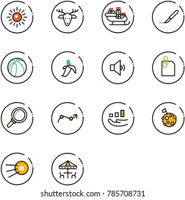 line vector icon set - sun vector, christmas deer, santa sleigh, scalpel, basketball ball, banana, low volume, attachment, magnifier, chart point arrow, growth, moon flag, first satellite