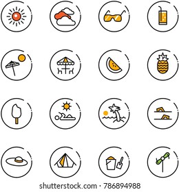line vector icon set - sun vector, clouds, sunglasses, drink, beach, outdoor cafe, watermelone, pineapple, ice cream, reading, palm, flip flops, woman hat, tent, bucket scoop, toy windmill