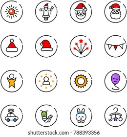 line vector icon set - sun vector, santa claus, christmas hat, firework, flag garland, success, star man, balloon smile, car toy, caterpillar, rabbit, baby carousel