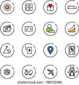 line vector icon set - sun vector, baggage room, gift, sleigh, credit card, tap pay, user password, rise, mountain, power bank, navigation pin, game console, cube toy, baby car, bow, robot