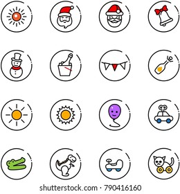 line vector icon set - sun vector, santa claus, bell, snowman, champagne, flag garland, fizz opening, balloon smile, car toy, crocodile, dinosaur, baby, cat