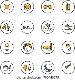 line vector icon set - sun vector, sunglasses, drink, flippers, swimming, palm, flip flops, swimsuit, ball, diving, tulip, bucket scoop, forest, toy windmill