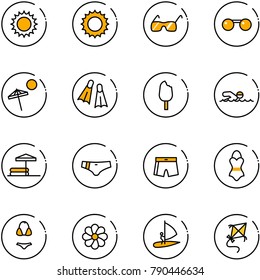 line vector icon set - sun vector, sunglasses, beach, flippers, ice cream, swimming, inflatable pool, swimsuit, flower, windsurfing, kite