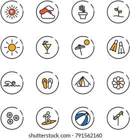 line vector icon set - sun vector, clouds, flower pot, sproute, drink, beach, flippers, swimming, flip flops, tent, surfing, ball, toy windmill