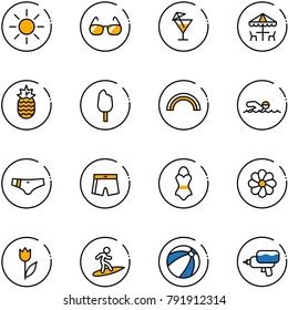 line vector icon set - sun vector, sunglasses, drink, outdoor cafe, pineapple, ice cream, rainbow, swimming, swimsuit, flower, tulip, surfing, beach ball, water gun