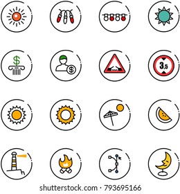 line vector icon set - sun vector, garland, bank, account, drawbridge road sign, limited height, beach, watermelone, lighthouse, fire, bezier, moon lamp