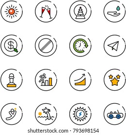 line vector icon set - sun vector, wine glasses, snowball tree, drop hand, money click, no limit road sign, clock around, paper fly, pawn, career, rise, stars, flying man, palm, power, toy car
