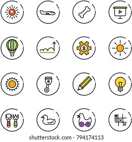 line vector icon set - sun vector, small plane, broken bone, presentation board, air balloon, growth, money managemet, piston, pencil, bulb, shovel fork toy, duck, Tic tac toe