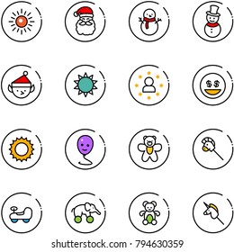 line vector icon set - sun vector, santa claus, snowman, christmas elf, star man, money smile, balloon, bear toy, horse stick, baby car, elephant wheel, unicorn