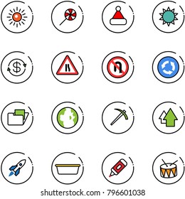 line vector icon set - sun vector, lollipop, christmas hat, dollar exchange, Road narrows sign, no turn back, circle, folder, globe, job, arrow up, rocket, basin, marker, drum