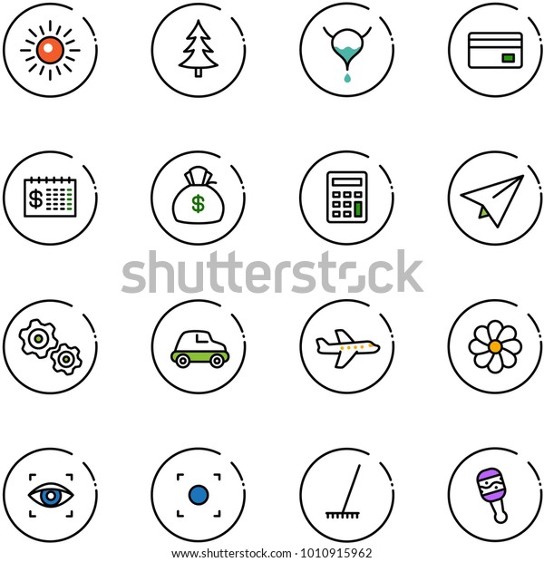 line\
vector icon set - sun vector, christmas tree, bladder, credit card,\
finance calendar, money bag, calculator, paper plane, gears, car,\
flower, eye scanner, record button, rake,\
beanbag
