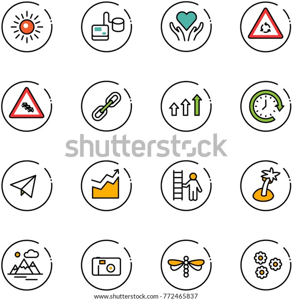 line vector icon set - sun vector, tonometer,\
heart care, round motion road sign, multi lane traffic, link,\
arrows up, clock around, paper fly, growth, opportunity, palm,\
mountains, photo,\
dragonfly