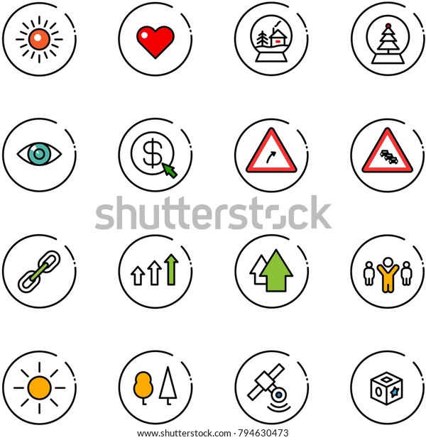 line
vector icon set - sun vector, heart, snowball house, tree, eye,
money click, turn right road sign, multi lane traffic, link, arrows
up, arrow, team leader, forest, satellite, cube
toy