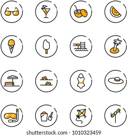 line vector icon set - sunglasses vector, drink, coconut cocktail, watermelone, ice cream, pool, palm, inflatable, flip flops, swimsuit, woman hat, diving, bucket scoop, kite, toy windmill