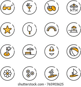 line vector icon set - sunglasses vector, drink, coconut cocktail, outdoor cafe, starfish, ice cream, rainbow, bungalow, palm, inflatable pool, swimsuit, ball, flower, surfing, windsurfing