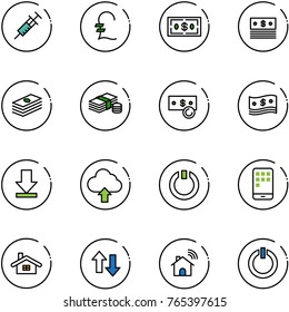 line vector icon set - syringe vector, pound, dollar, cash, download, upload cloud, standby, mobile, home, up down arrows, wireless, button