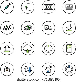line vector icon set - syringe vector, pound, dollar, cash, download, uplooad, upload cloud, standby, mobile, home, up down arrows, wireless, button