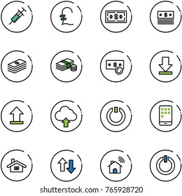 line vector icon set - syringe vector, pound, dollar, cash, download, uplooad, upload cloud, standby, mobile, home, up down arrows, wireless, button