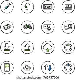 line vector icon set - syringe vector, pound, dollar, cash, download, uplooad, upload cloud, standby, mobile, home, up down arrows, button