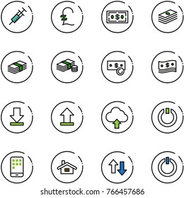 line vector icon set - syringe vector, pound, dollar, cash, download, uplooad, upload cloud, standby, mobile, home, up down arrows, button