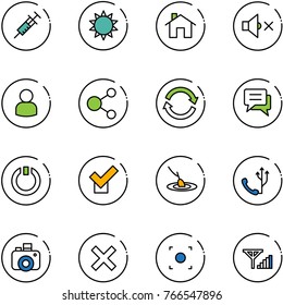 line vector icon set - syringe vector, sun, home, volume off, user, share, refresh, chat, standby, check, fishing, phone, camera, delete, record button, fine signal