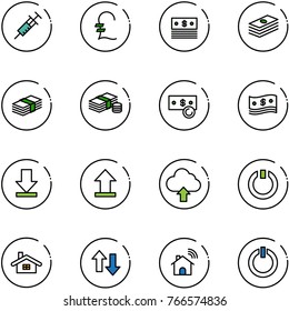 line vector icon set - syringe vector, pound, dollar, cash, download, uplooad, upload cloud, standby, home, up down arrows, wireless, button