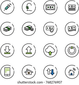 line vector icon set - syringe vector, pound, dollar, cash, download, uplooad, upload cloud, standby, mobile, home, up down arrows, wireless