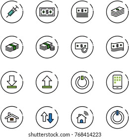 line vector icon set - syringe vector, dollar, cash, download, uplooad, standby, mobile, home, up down arrows, wireless, button