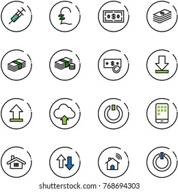 line vector icon set - syringe vector, pound, dollar, cash, download, uplooad, upload cloud, standby, mobile, home, up down arrows, wireless, button