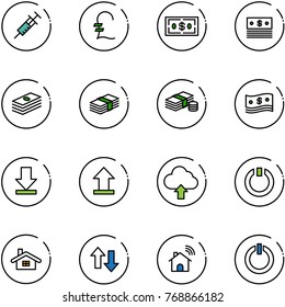 line vector icon set - syringe vector, pound, dollar, cash, download, uplooad, upload cloud, standby, home, up down arrows, wireless, button