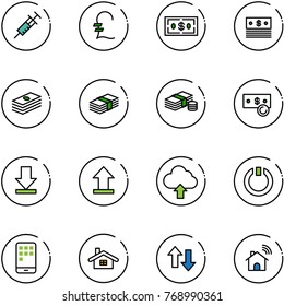 line vector icon set - syringe vector, pound, dollar, cash, download, uplooad, upload cloud, standby, mobile, home, up down arrows, wireless