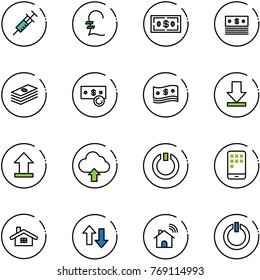 line vector icon set - syringe vector, pound, dollar, cash, download, uplooad, upload cloud, standby, mobile, home, up down arrows, wireless, button