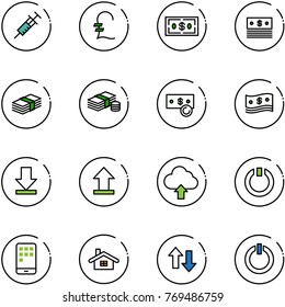 line vector icon set - syringe vector, pound, dollar, cash, download, uplooad, upload cloud, standby, mobile, home, up down arrows, button