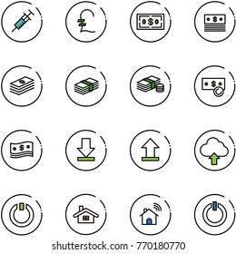 line vector icon set - syringe vector, pound, dollar, cash, download, uplooad, upload cloud, standby, home, wireless, button