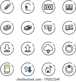line vector icon set - syringe vector, pound, dollar, cash, download, uplooad, upload cloud, standby, mobile, up down arrows, wireless home, button